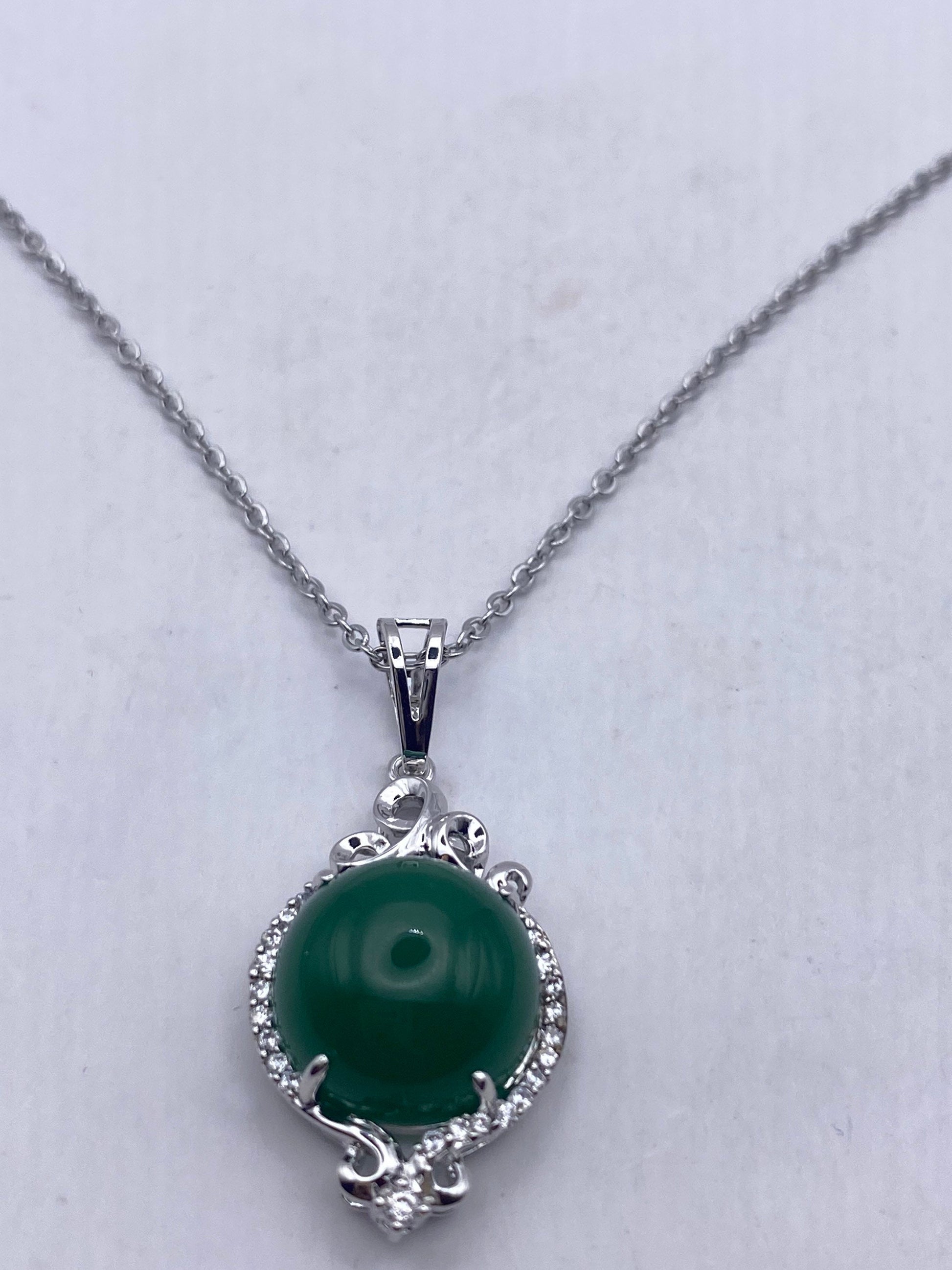Vintage Green Jade Silver Finish Necklace