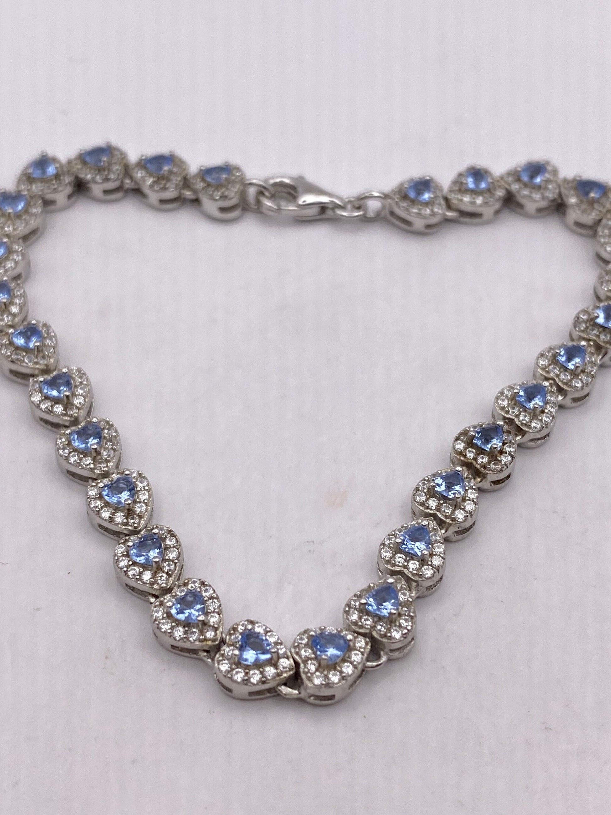 Vintage Heart Blue Topaz White Sapphire 925 Sterling Silver Tennis Bracelet