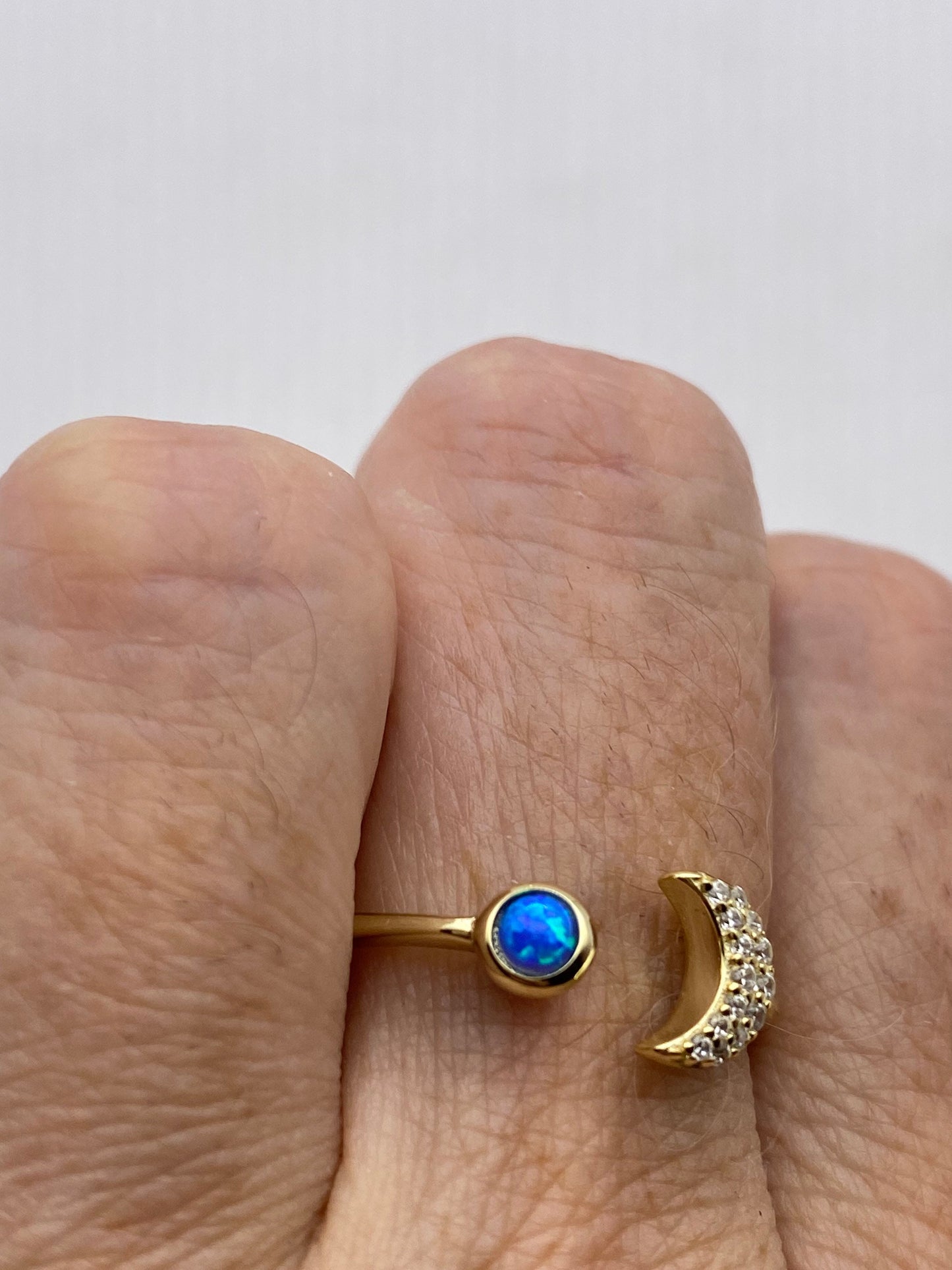 Vintage Ethiopian Fire Opal Moon and Star Adjustable Band Golden 925 Sterling Silver Ring