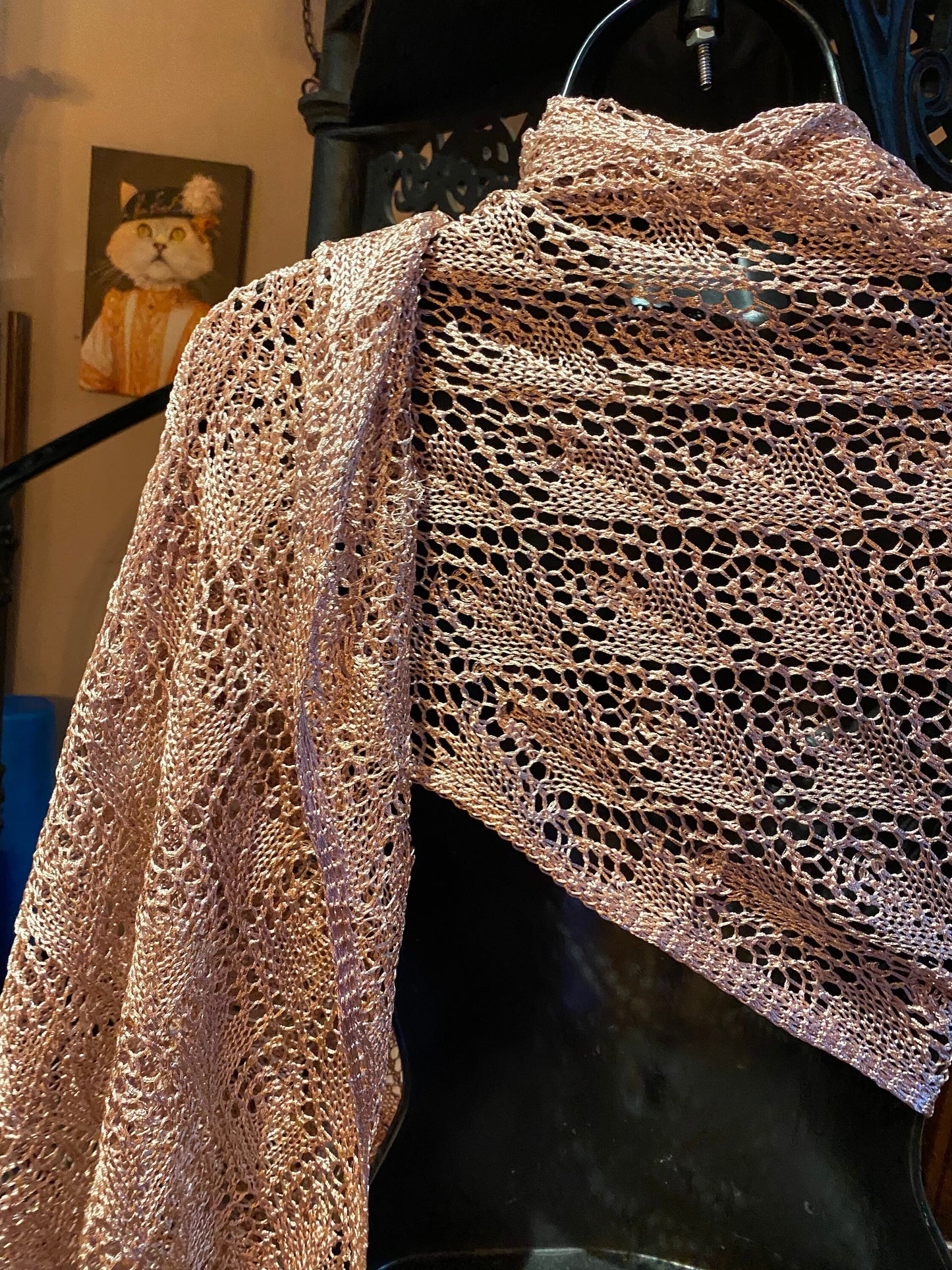 Vintage Taupe Pink Lace crochet Shawl Wrap