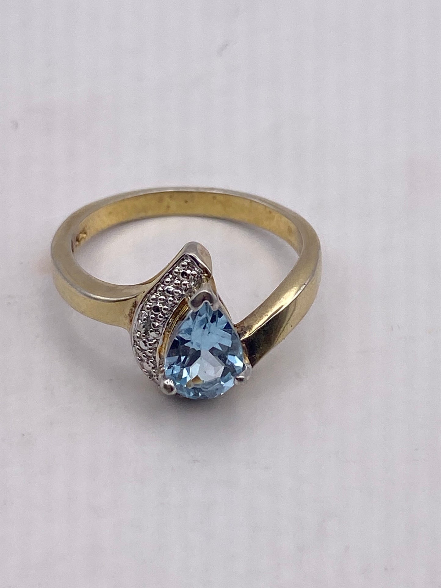 Vintage Genuine Blue Topaz and Diamond Golden 925 Sterling Silver Ring