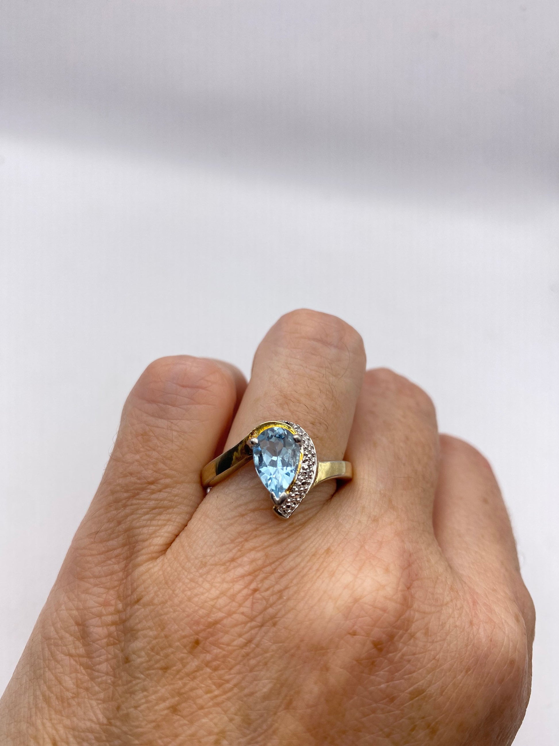 Vintage Genuine Blue Topaz and Diamond Golden 925 Sterling Silver Ring