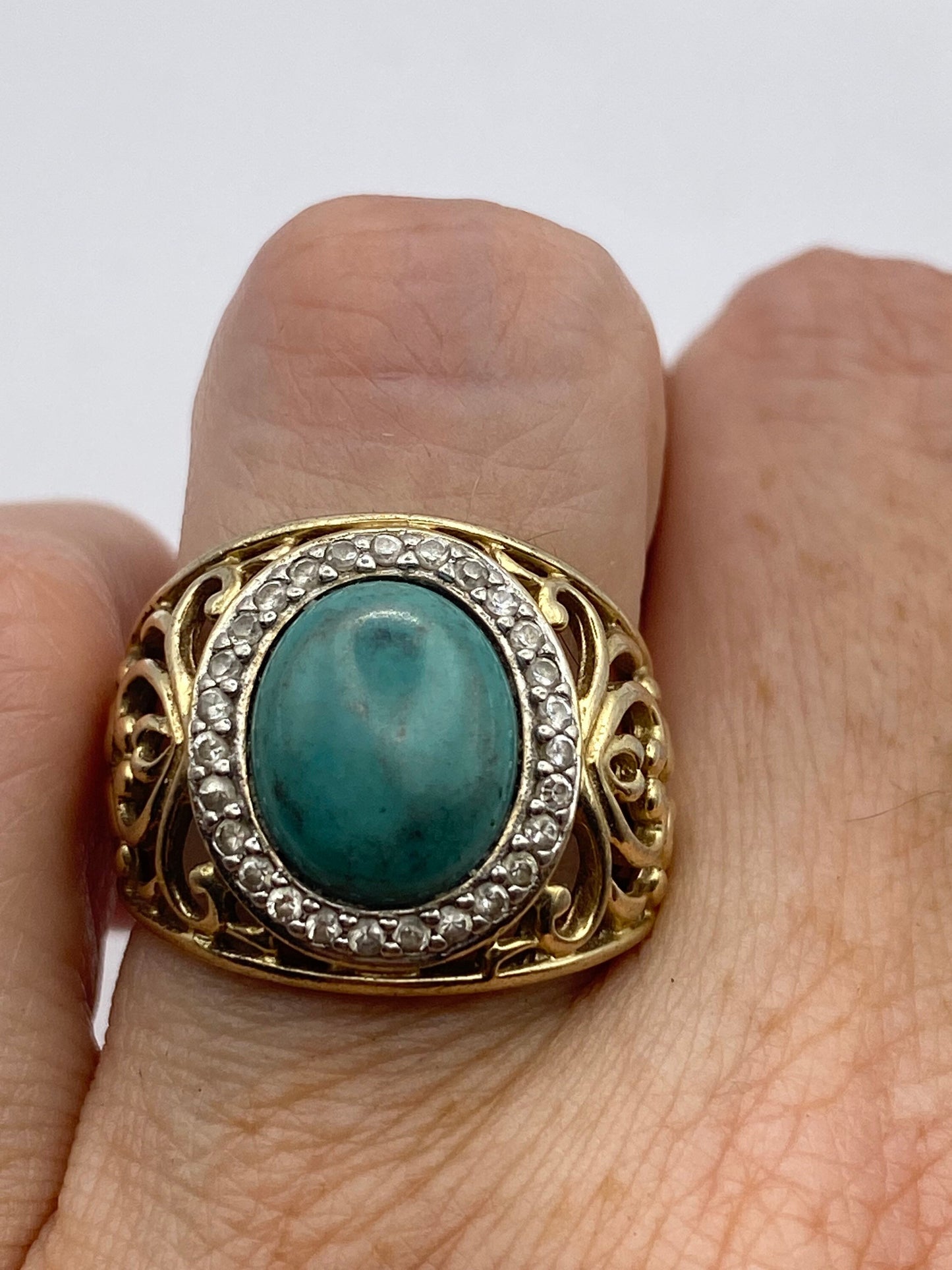 Vintage Persian Turquoise and White Diamond Golden 925 Sterling Silver Ring