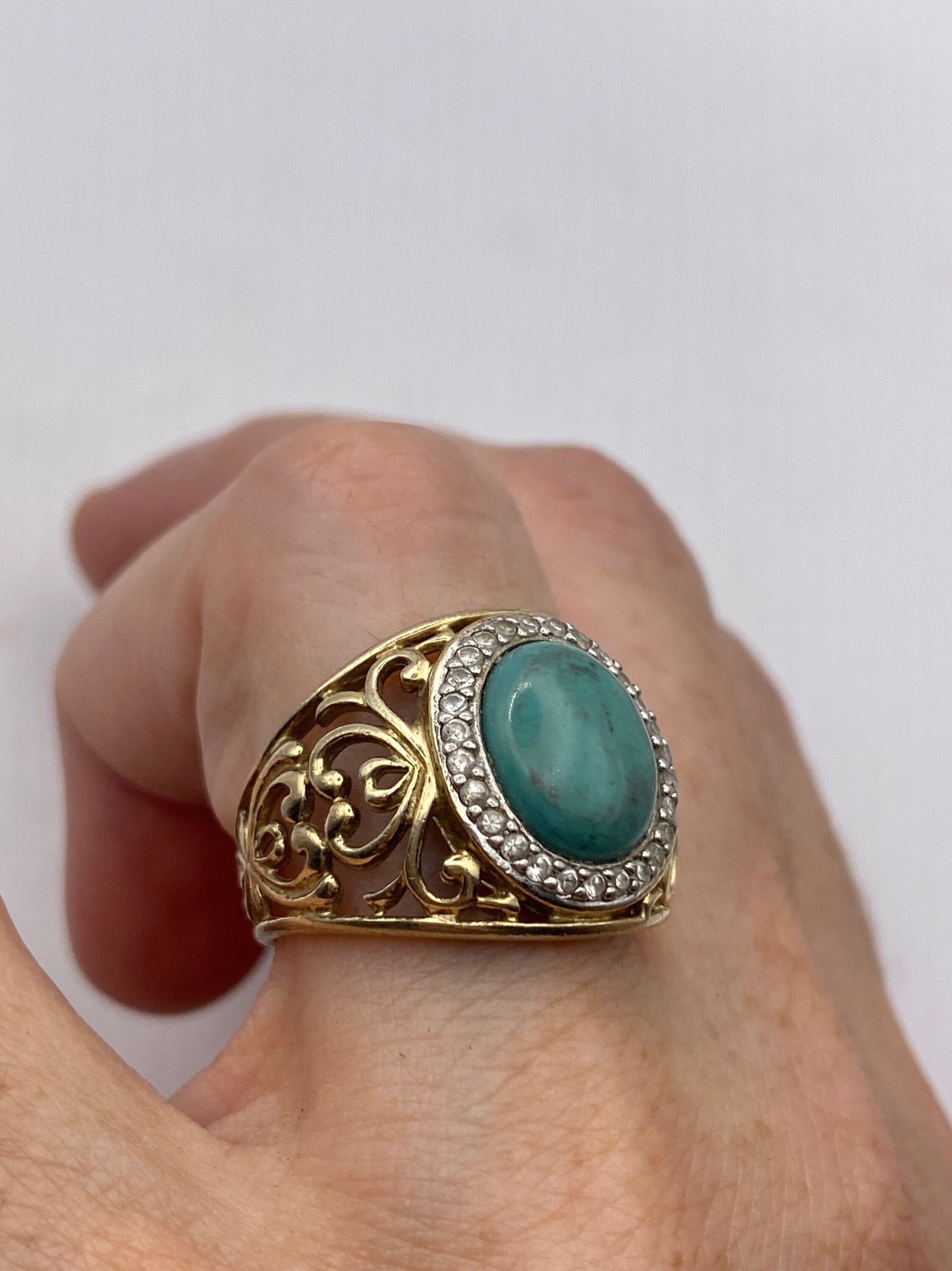 Vintage Persian Turquoise and White Diamond Golden 925 Sterling Silver Ring