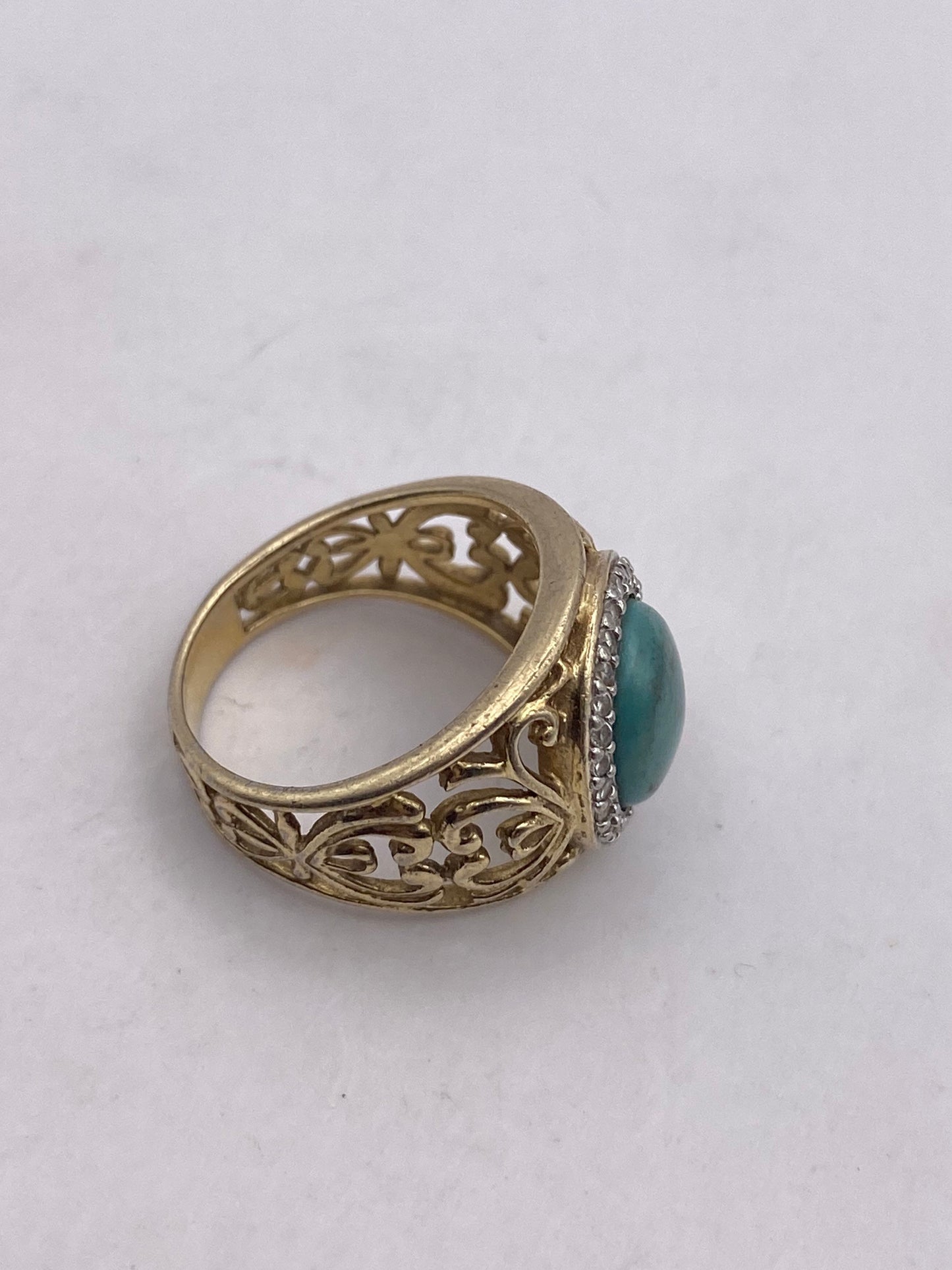 Vintage Persian Turquoise and White Diamond Golden 925 Sterling Silver Ring