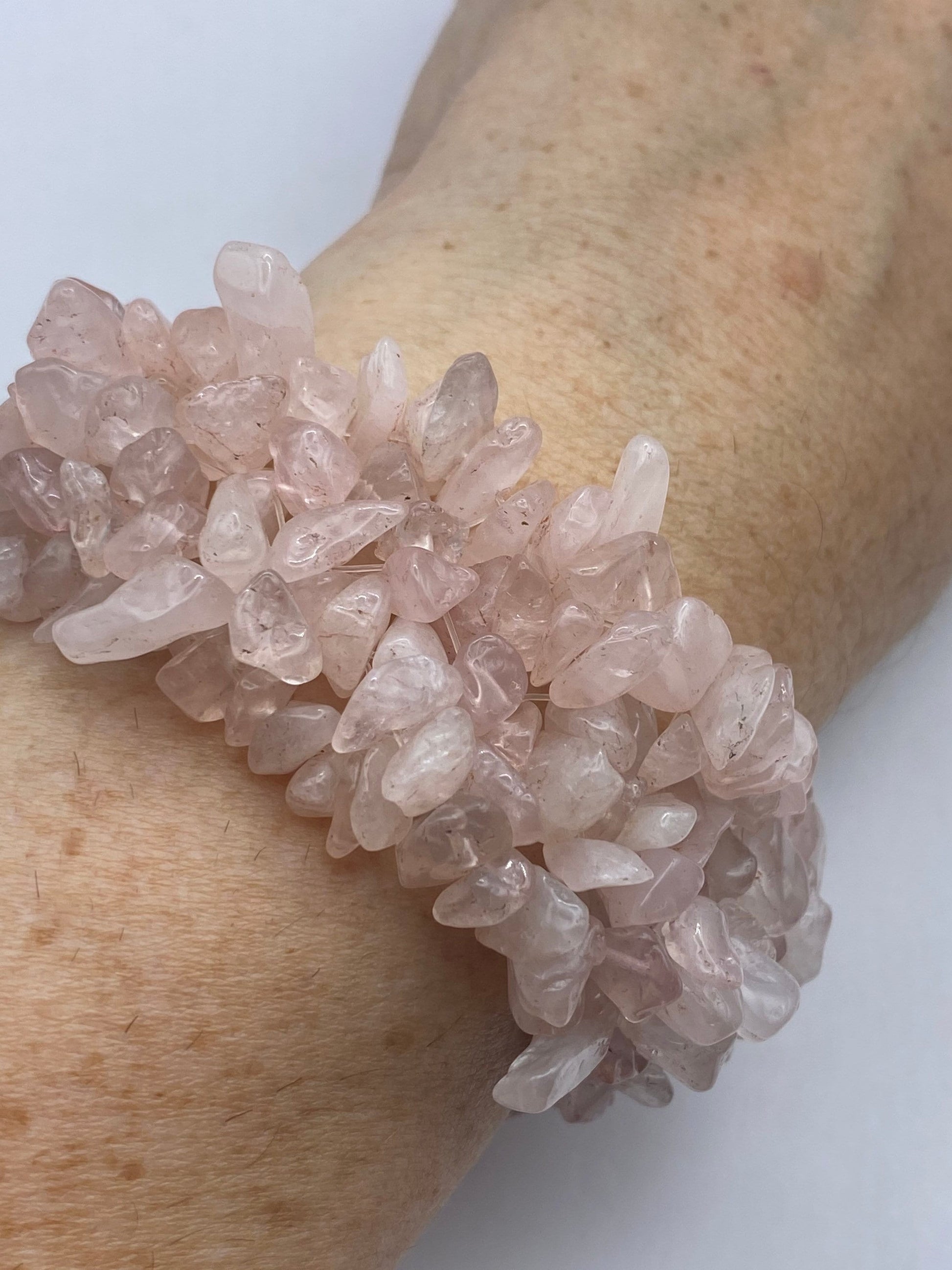 Vintage Pink Rose Quartz Chip Macrame Stretch Lucky Bracelet