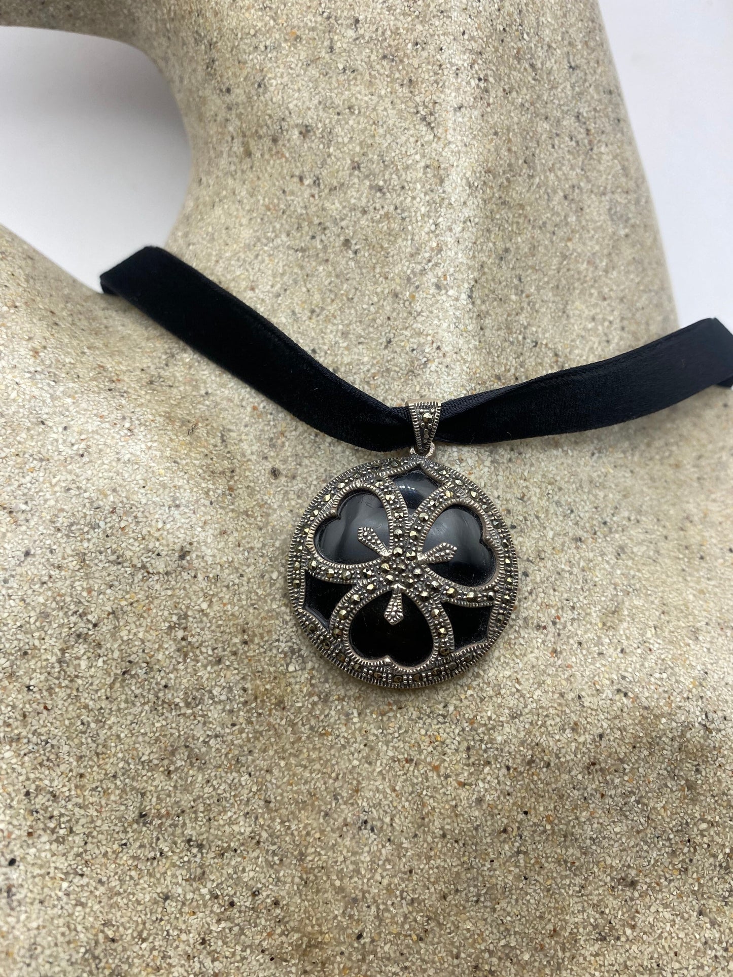 Vintage Black Onyx Marcasite Choker 925 Sterling Silver Deco Pendant Necklace