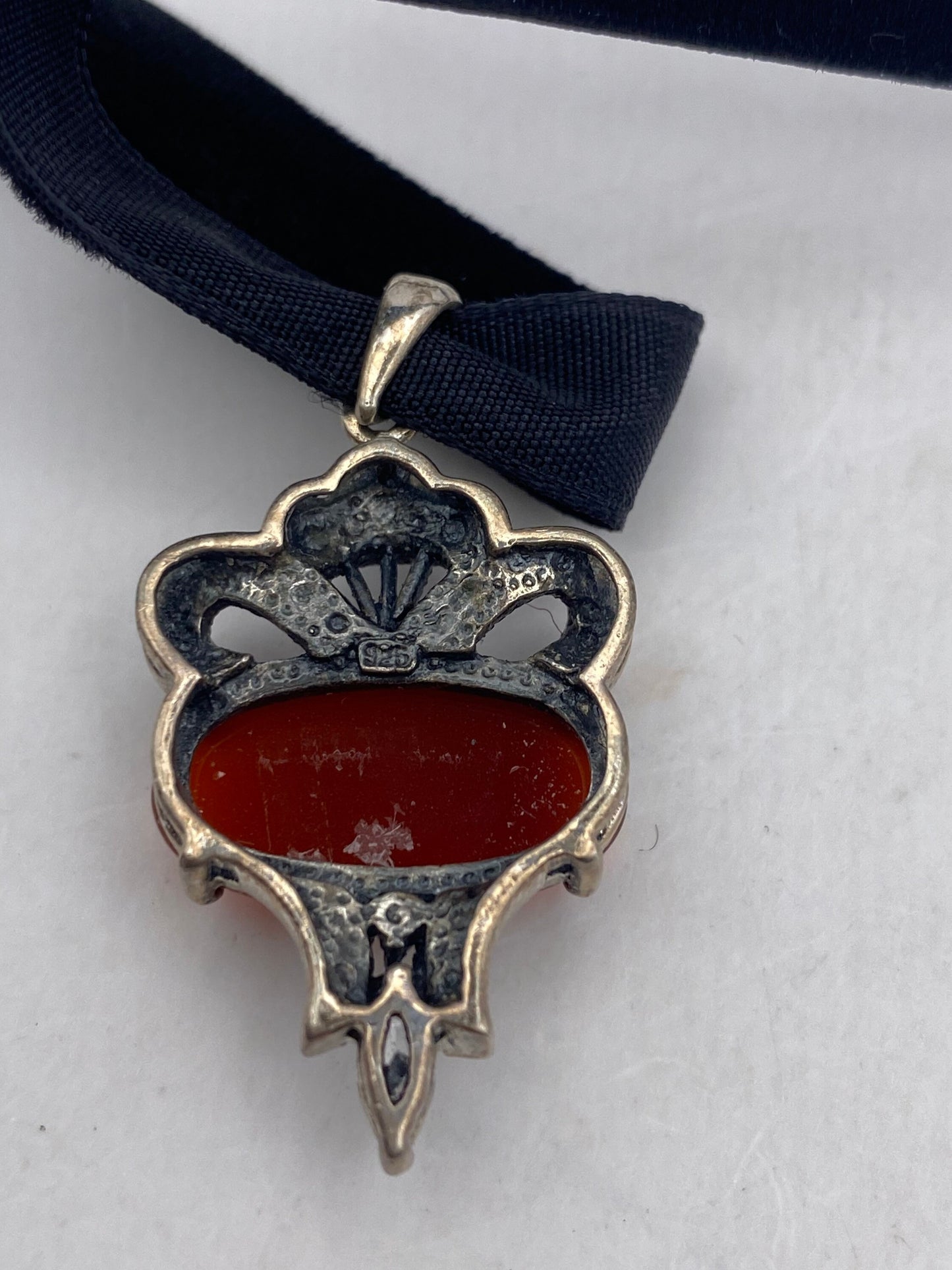 Vintage Marcasite Carnelian Choker 925 Sterling Silver Flower Necklace