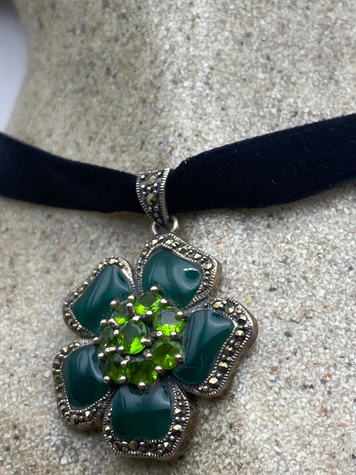 Vintage Marcasite Green Onyx Choker 925 Sterling Silver Deco Pendant Necklace