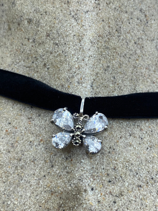 Vintage Crystal Marcasite 925 Sterling Silver Dragonfly Dangle Pendant Necklace