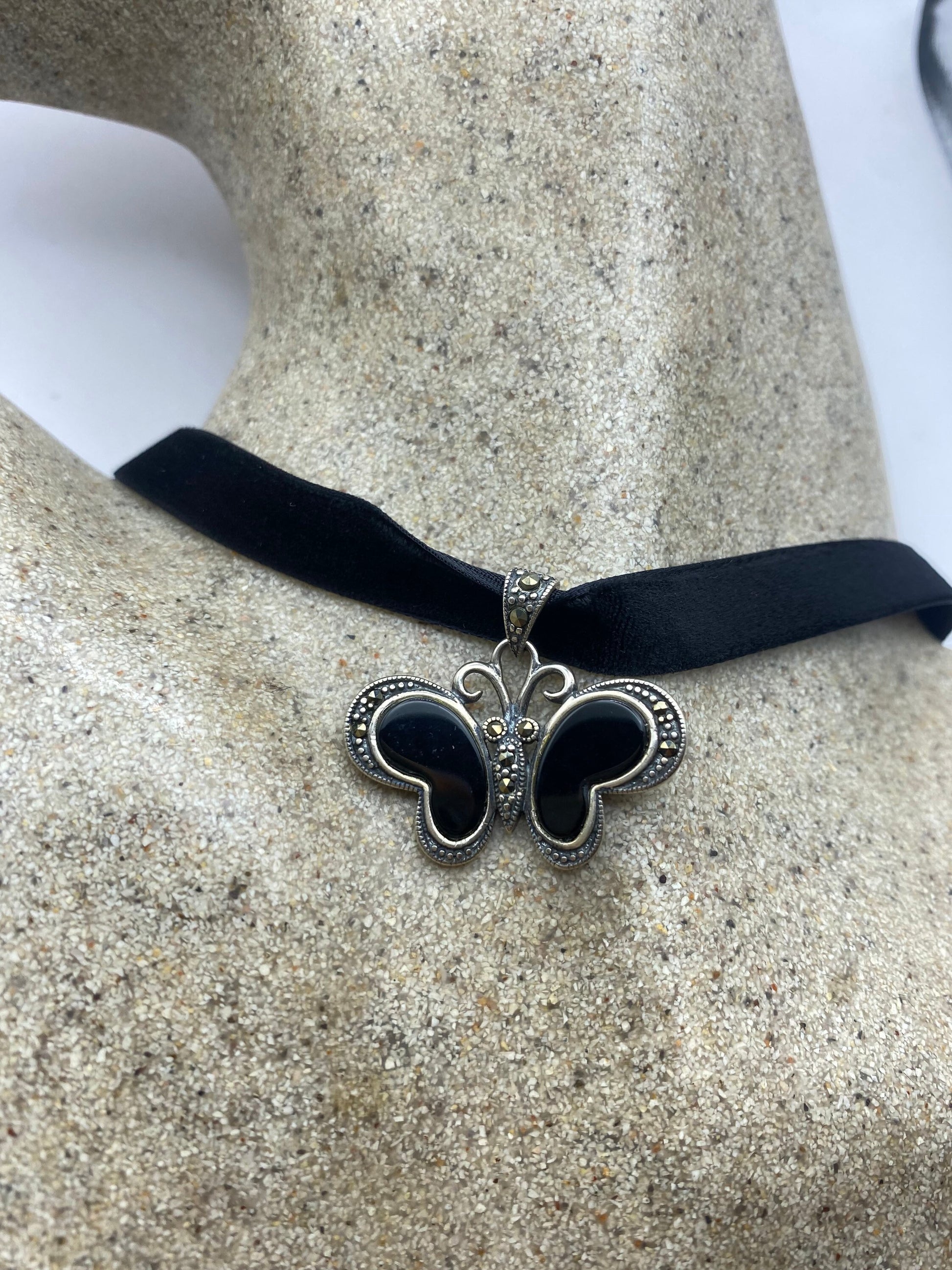 Vintage Black Onyx Marcasite 925 Sterling Silver Butterfly Pendant Necklace