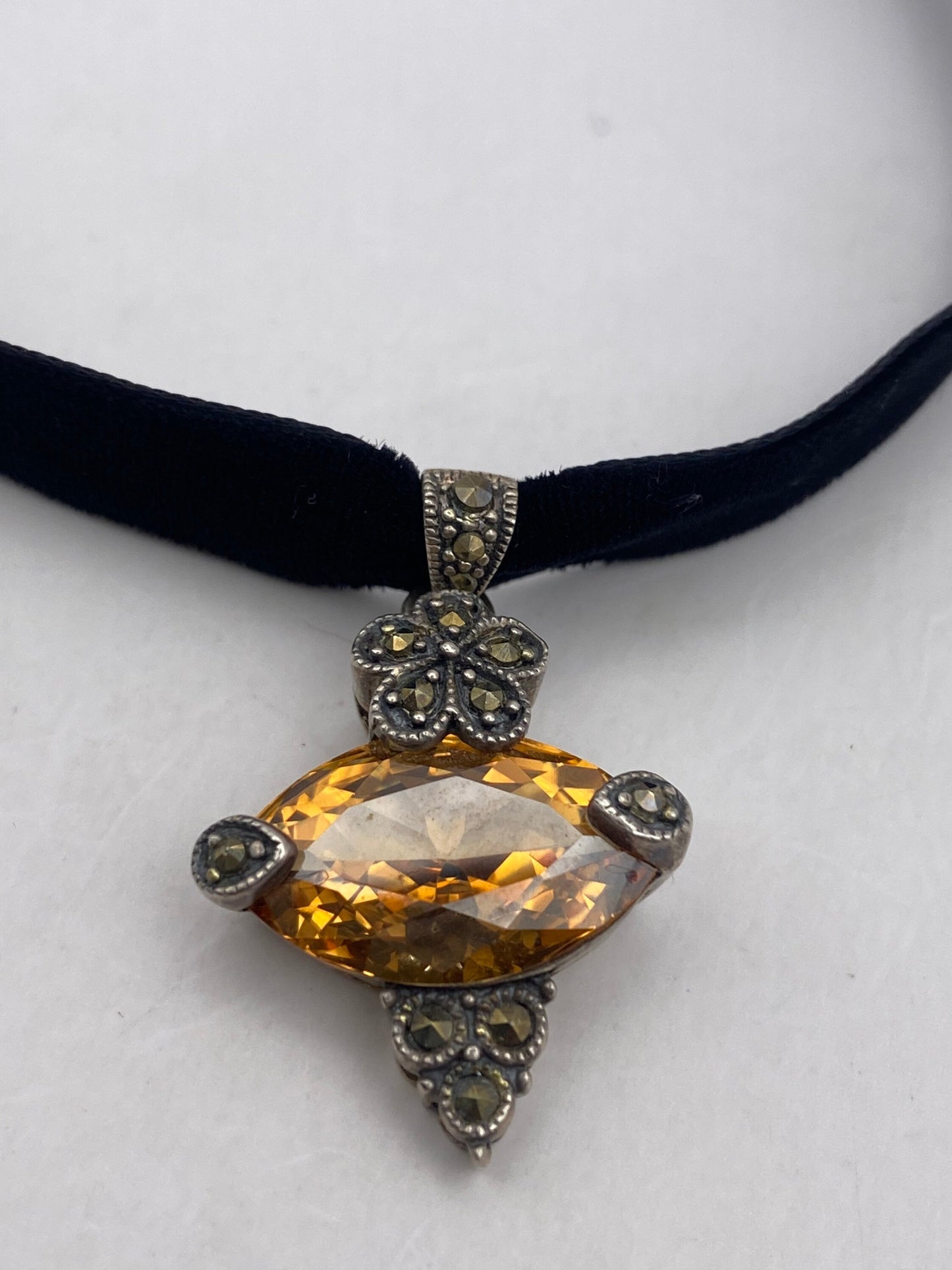 Vintage Amber Crystal Marcasite 925 Sterling Silver Pendant Necklace