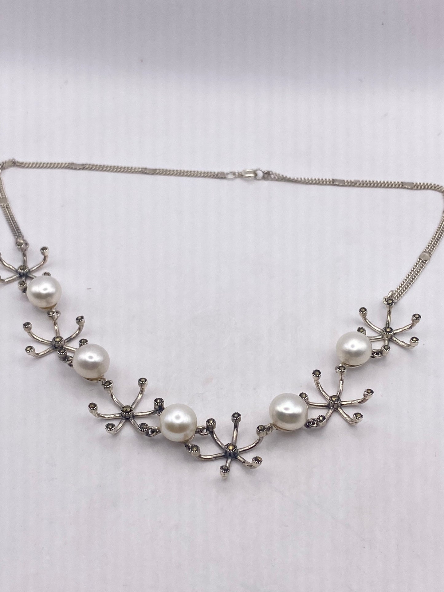 Vintage Pearl 925 Sterling Silver Marcasite Necklace Choker