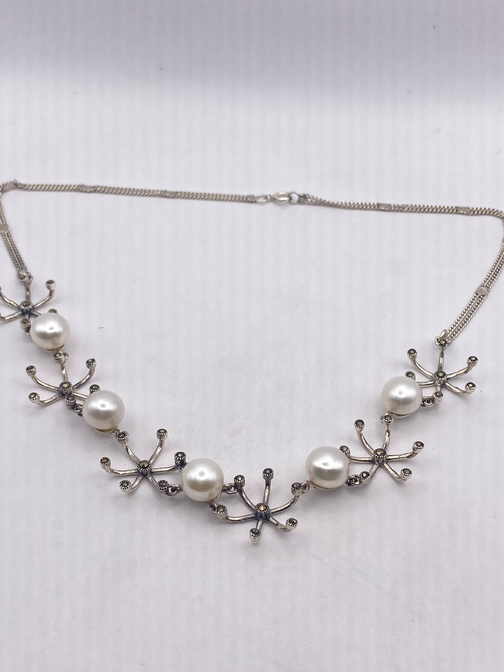 Vintage Pearl 925 Sterling Silver Marcasite Necklace Choker