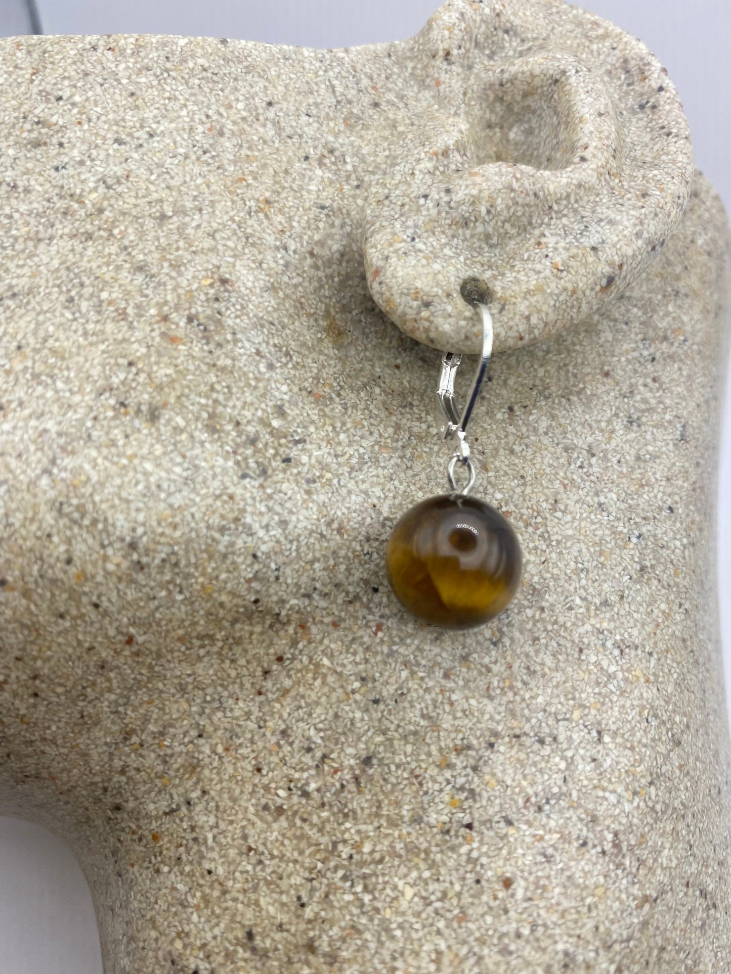 Vintage Tigers Eye Dangle Earrings 925 Sterling Silver Lever Backs