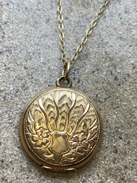 Vintage Locket Choker Gold Filled Deco Etched Necklace