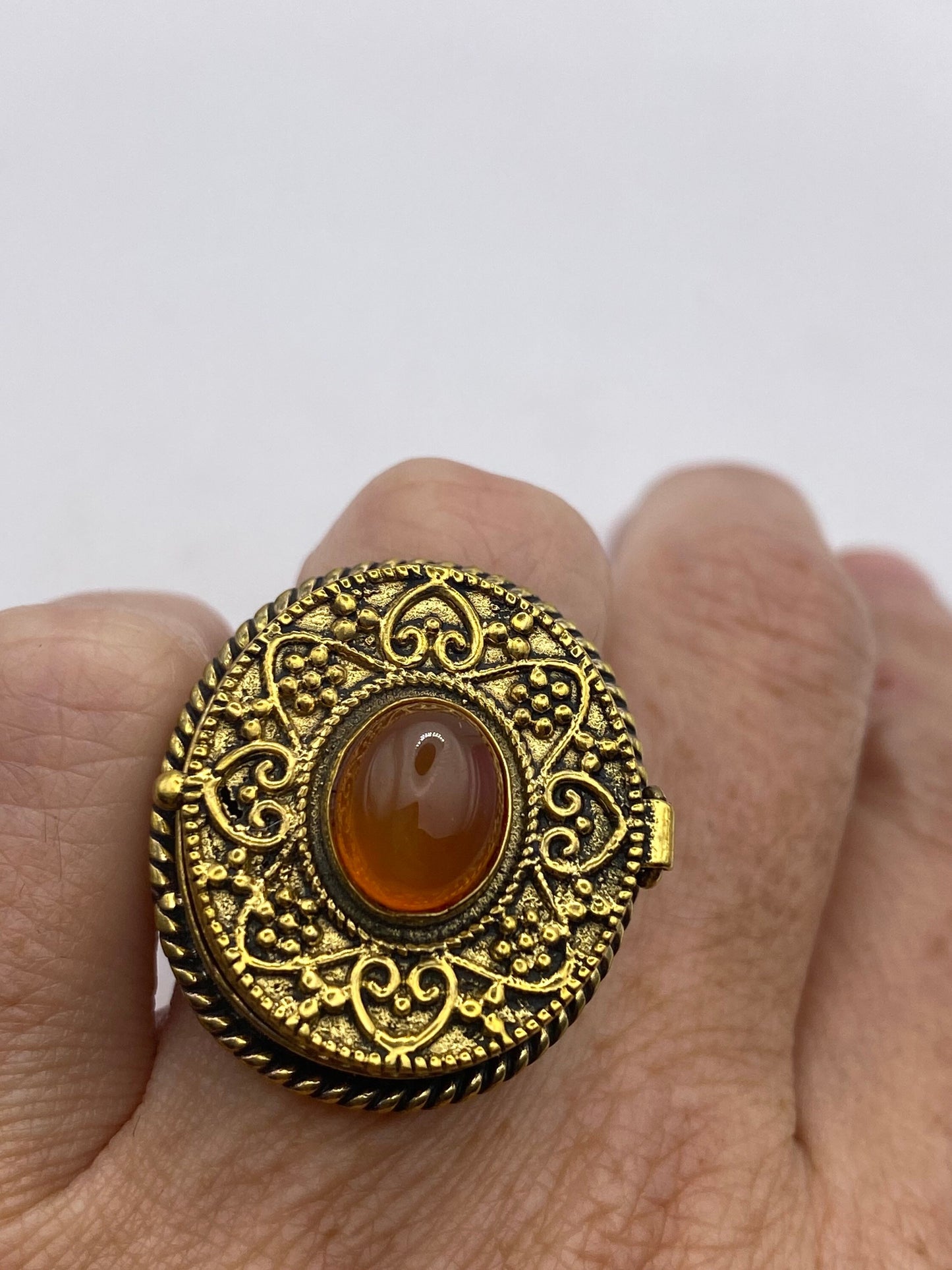 Vintage Red Carnelian Brass Poison Pillbox Ring