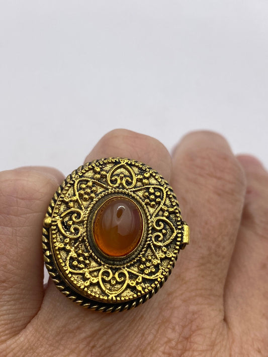 Vintage Red Carnelian Brass Poison Pillbox Ring