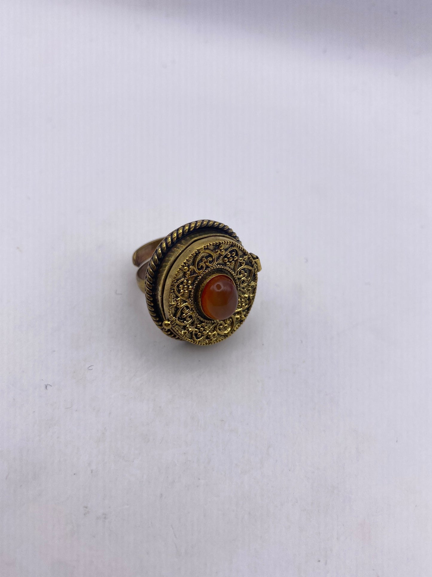Vintage Red Carnelian Brass Poison Pillbox Ring
