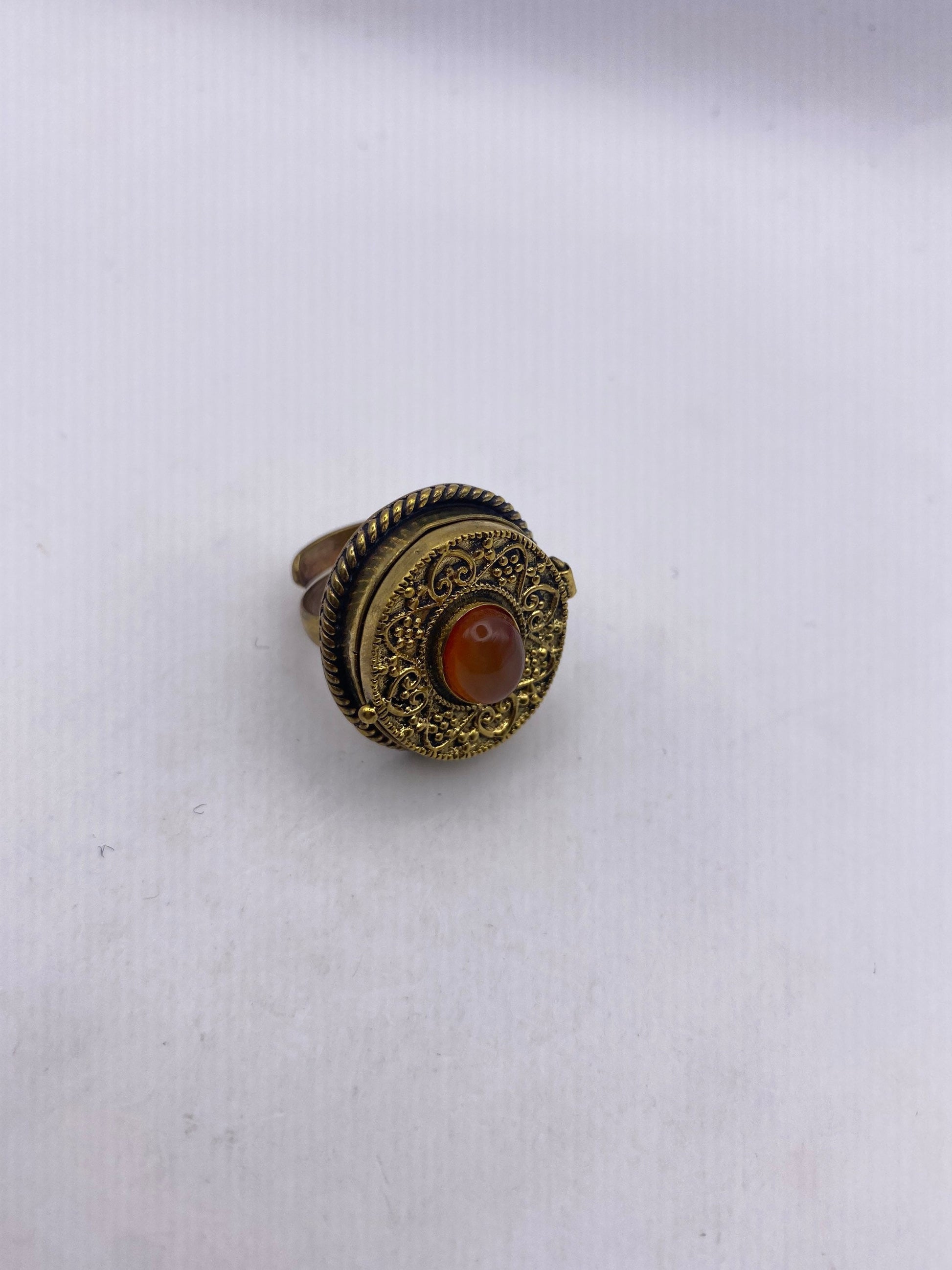 Vintage Red Carnelian Brass Poison Pillbox Ring