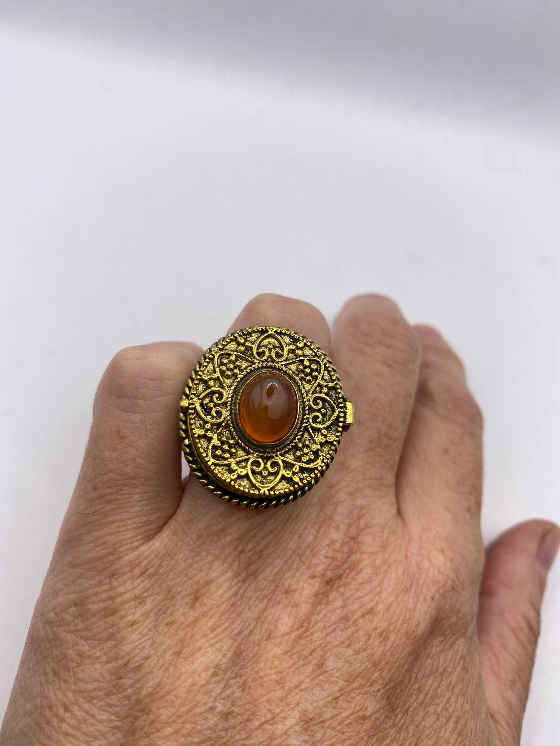 Vintage Red Carnelian Brass Poison Pillbox Ring