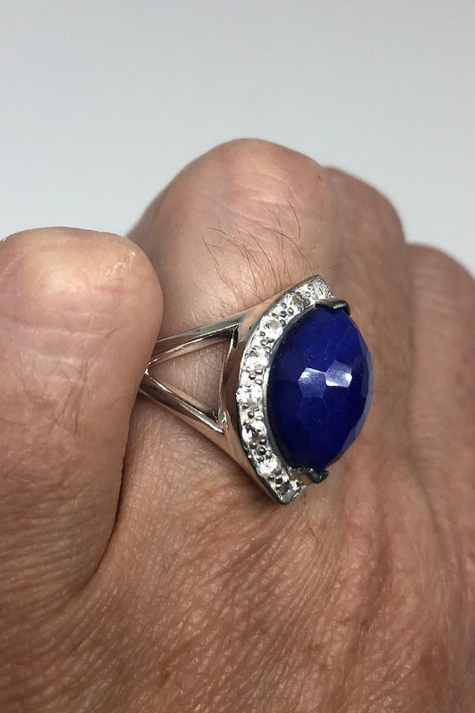 Vintage Genuine Blue Chalcedony White Sapphire 925 Sterling Silver Ring Size 5