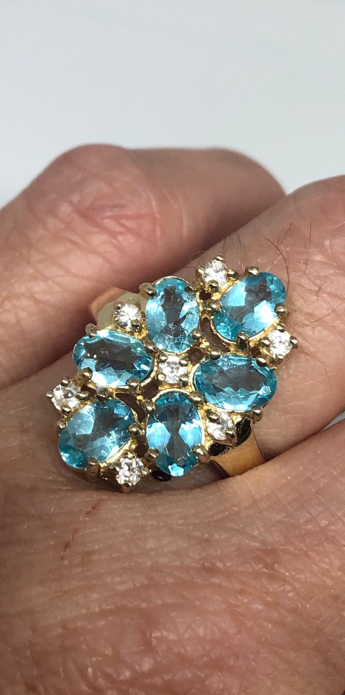 Vintage Genuine Blue Topaz Gold 925 Sterling Silver Ring Size 6