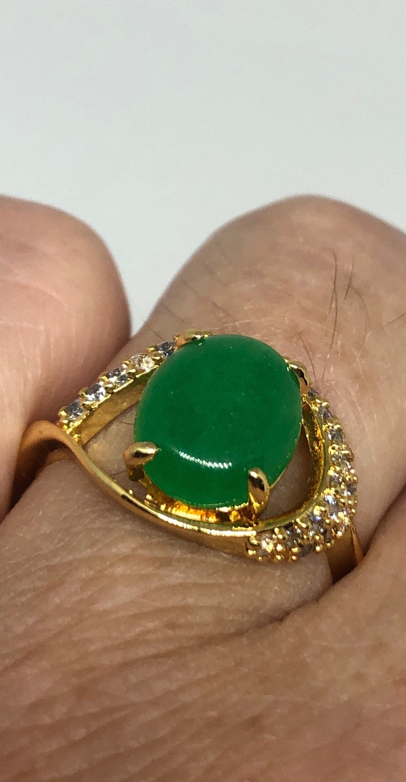 Vintage Lucky Green Nephrite Jade Gold Filled Cocktail Ring