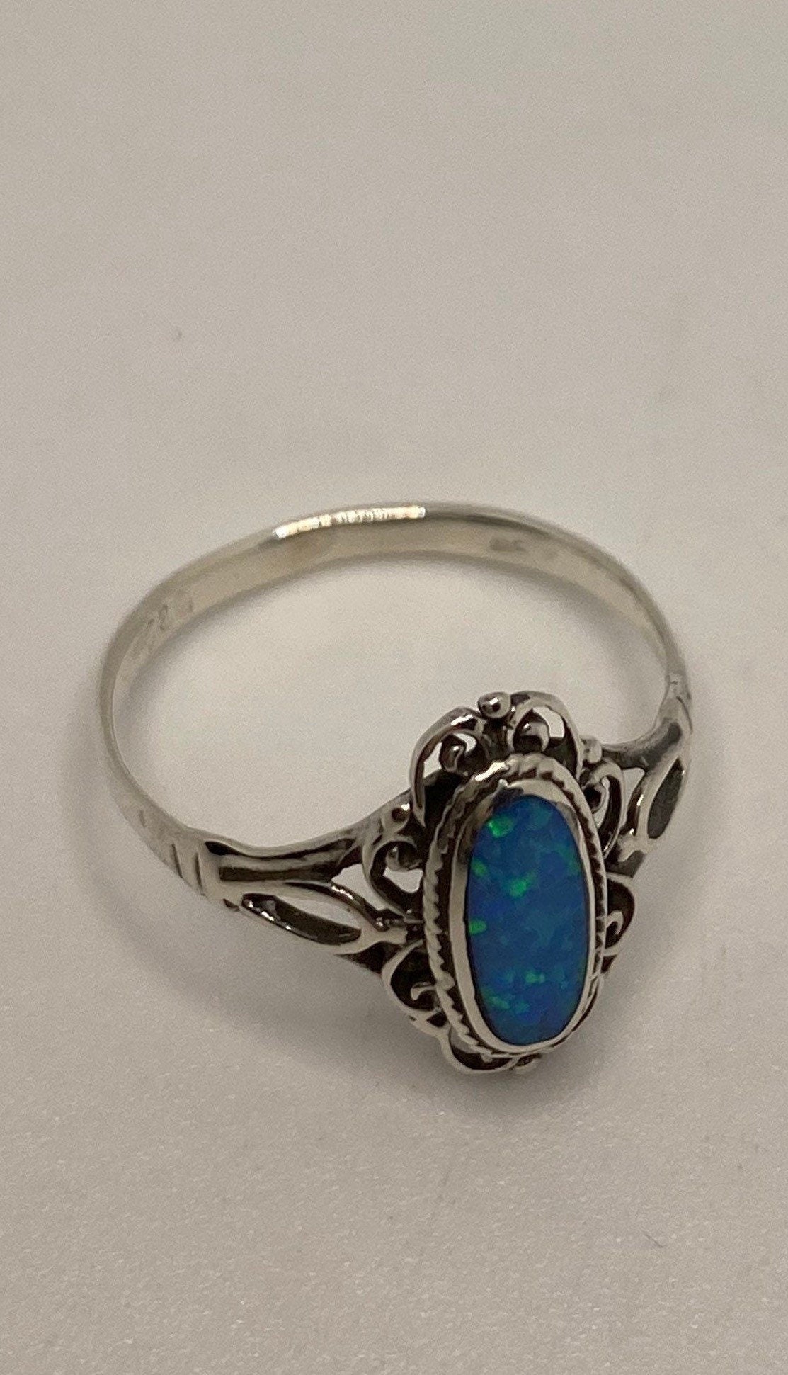 Vintage Blue Fire Opal 925 Sterling Silver Inlay Ring