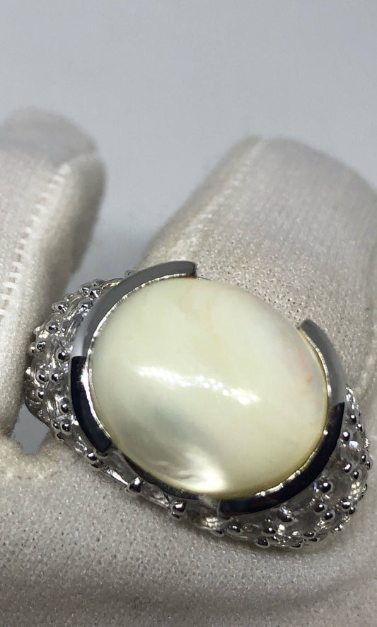 Antique White Mother of Pearl Filigree White Sapphire Sterling Silver Ring