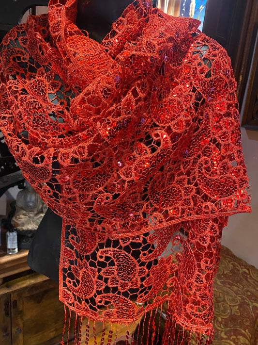 Vintage Style Shawl Wrap | Sheer Red Sequined Embroidered Light Coverup Festival Scarf