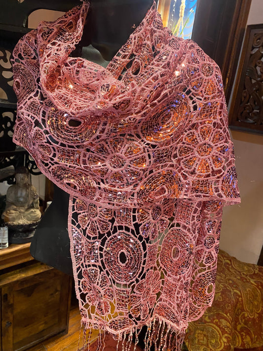 Vintage Styled Sheer Pink Sequined Embroidered Wrap Shawl