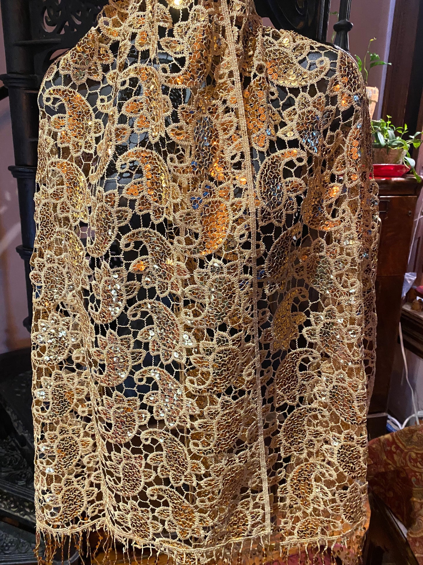 Vintage Styled Sheer Gold Flower Sequined Embroidered Wrap Shawl