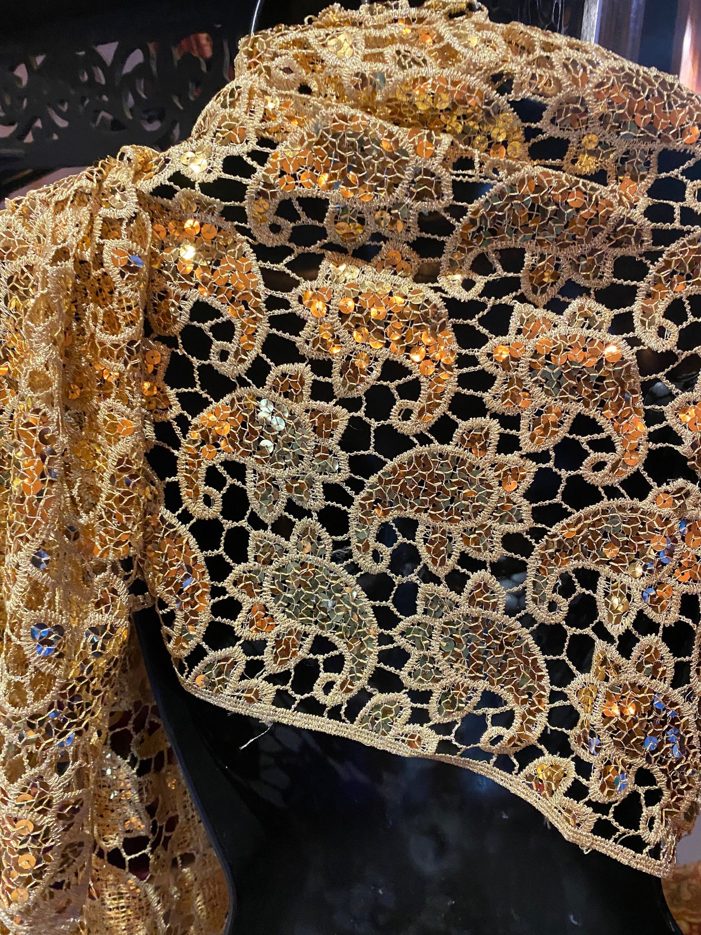 Vintage Styled Sheer Gold Flower Sequined Embroidered Wrap Shawl