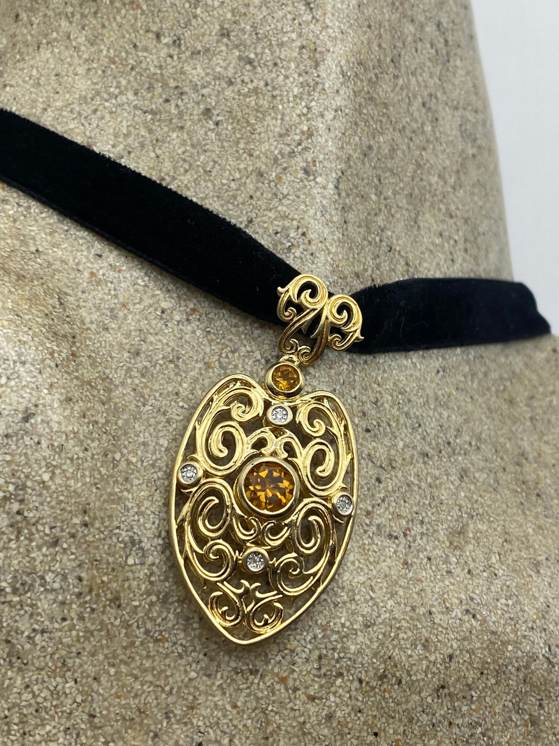 Vintage Gold Pendant | Hungarian Genuine Citrine Gemstone Pendant | Golden 925 Sterling Silver Ribbon Choker Necklace