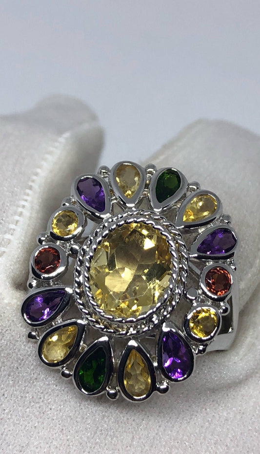 Vintage Amethyst Garnet Citrine Green Tourmaline 925 Sterling Silver Cocktail Ring
