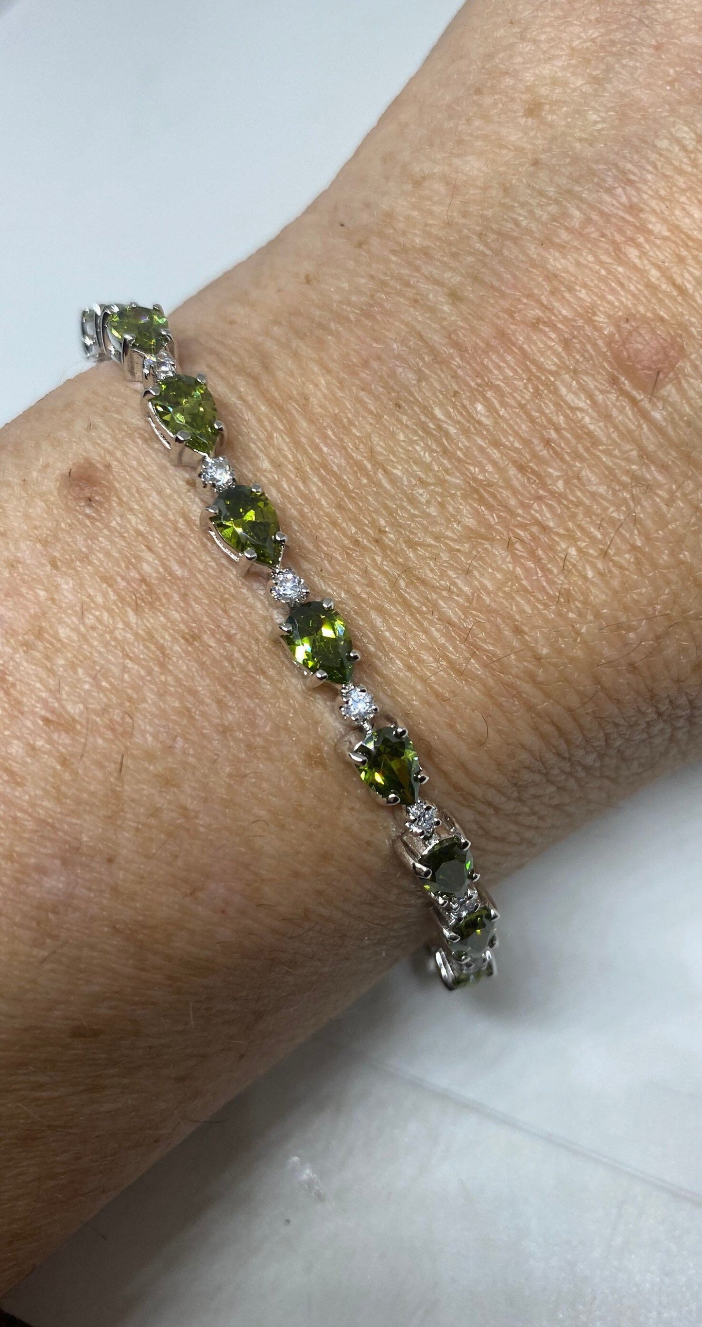 Vintage Peridot and Cubic Zirconia 925 Sterling Silver Tennis Bracelet