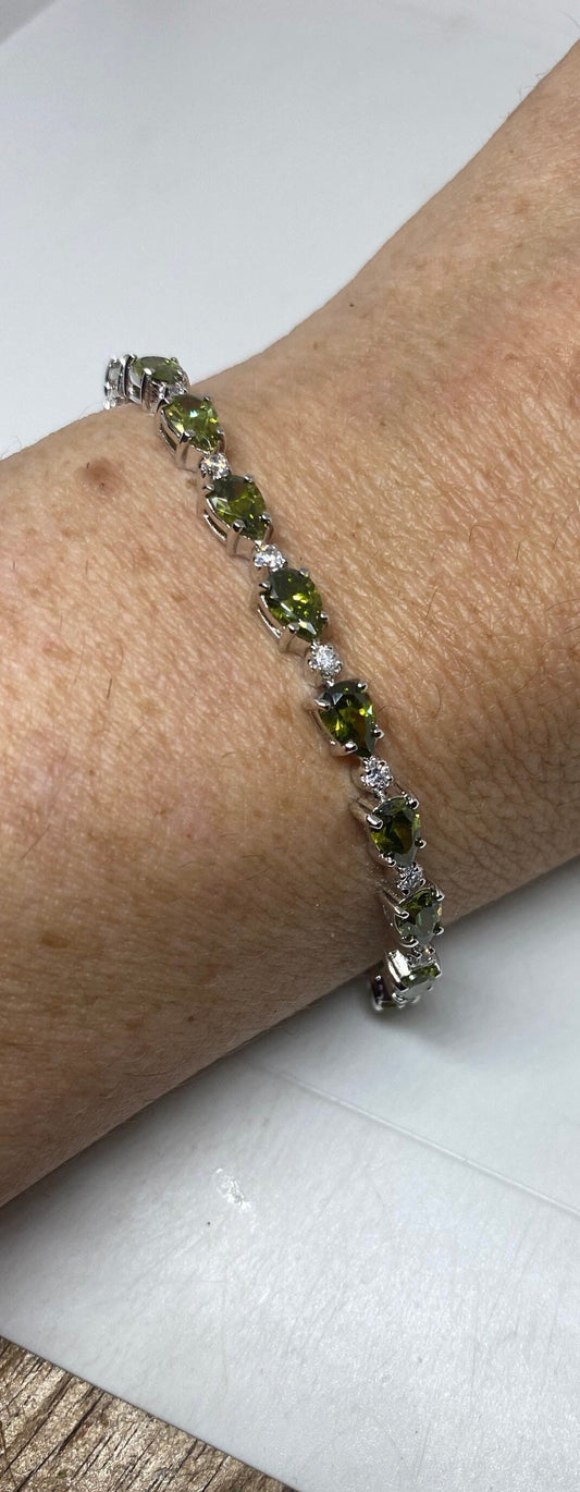 Vintage Peridot and Cubic Zirconia 925 Sterling Silver Tennis Bracelet