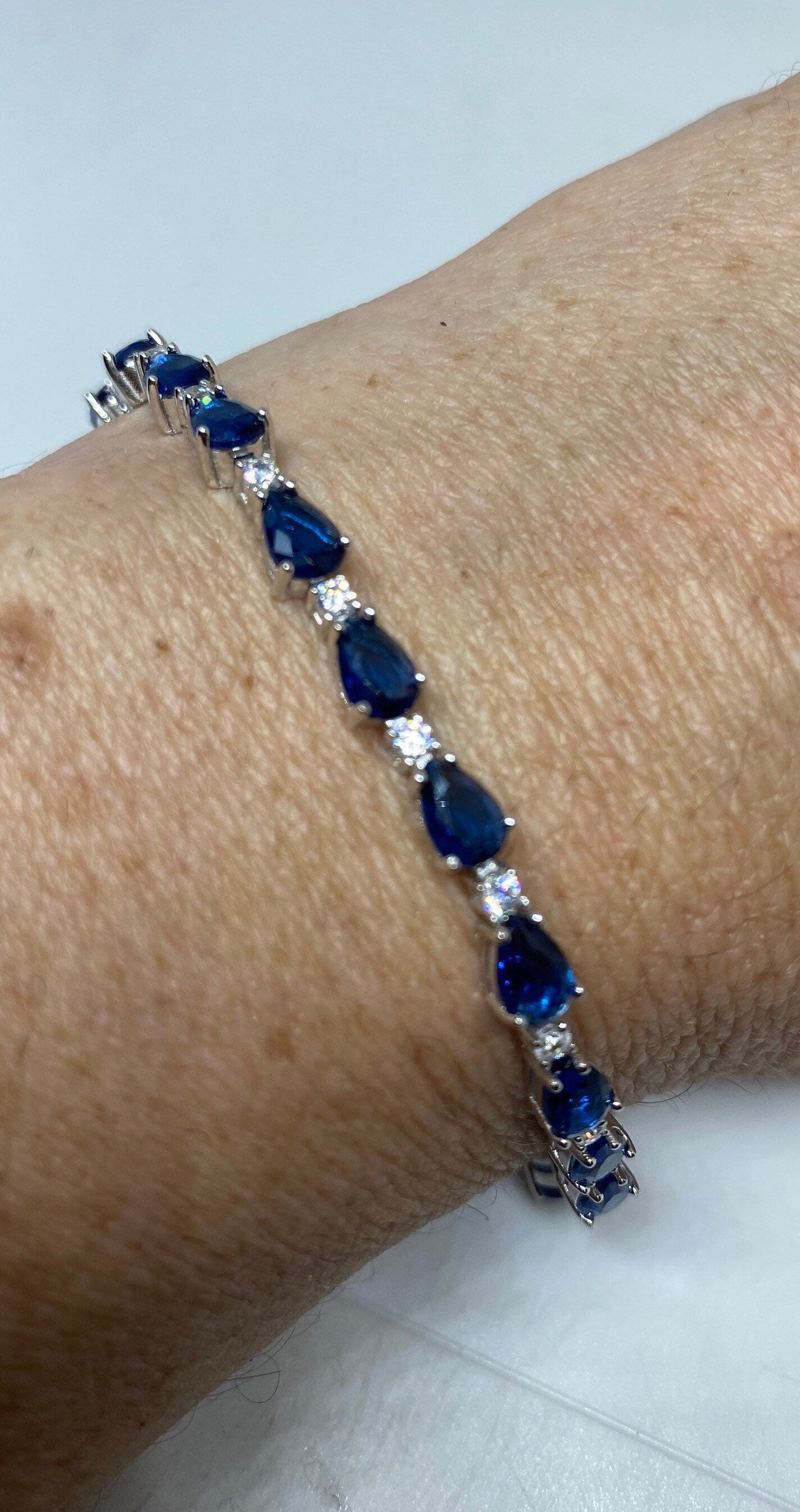 Vintage Blue Crystal Cubic Zirconia Bracelet Sterling Silver Tennis