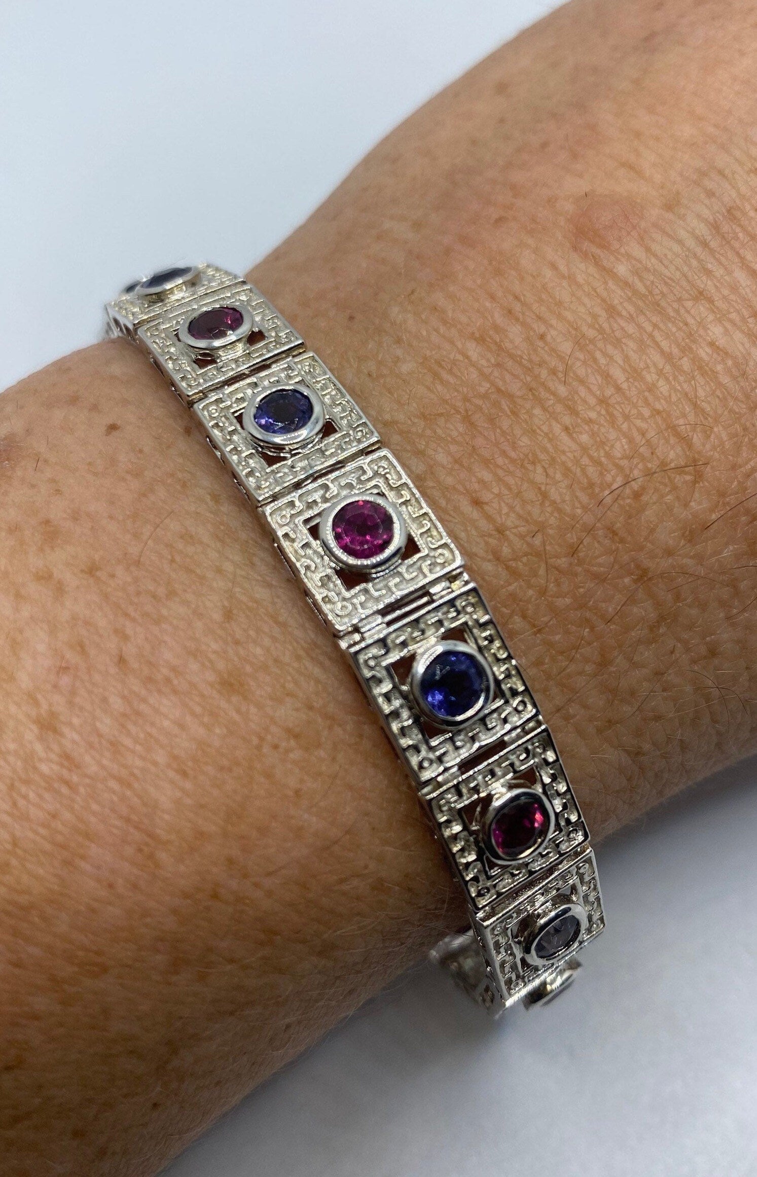 Vintage Blue Iolite Red Tourmaline 925 Sterling Silver Tennis Bracelet