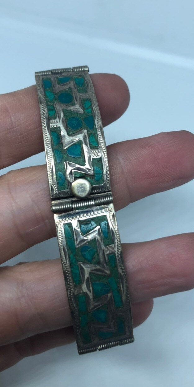 Vintage Southwestern 925 Sterling Silver Inlay Turquoise Bracelet