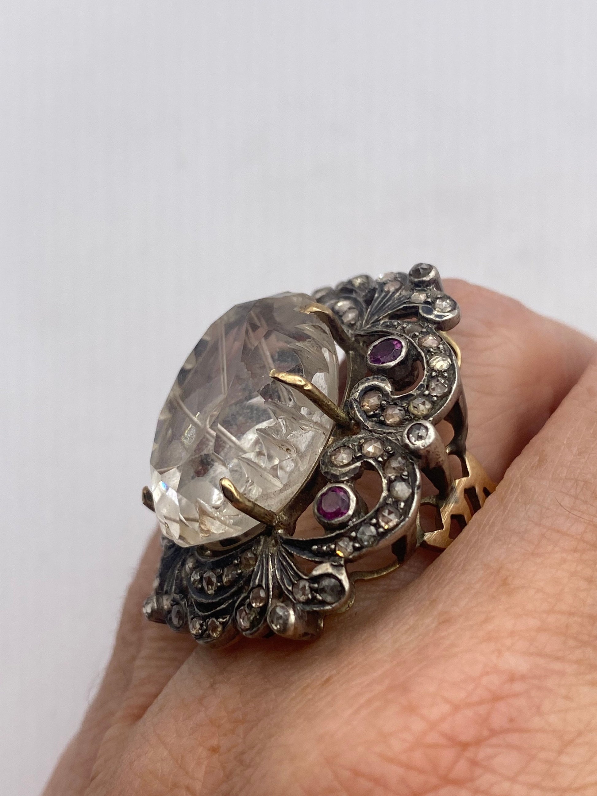 Vintage White Quartz with Diamonds in 925 Sterling Silver and Gold Ring