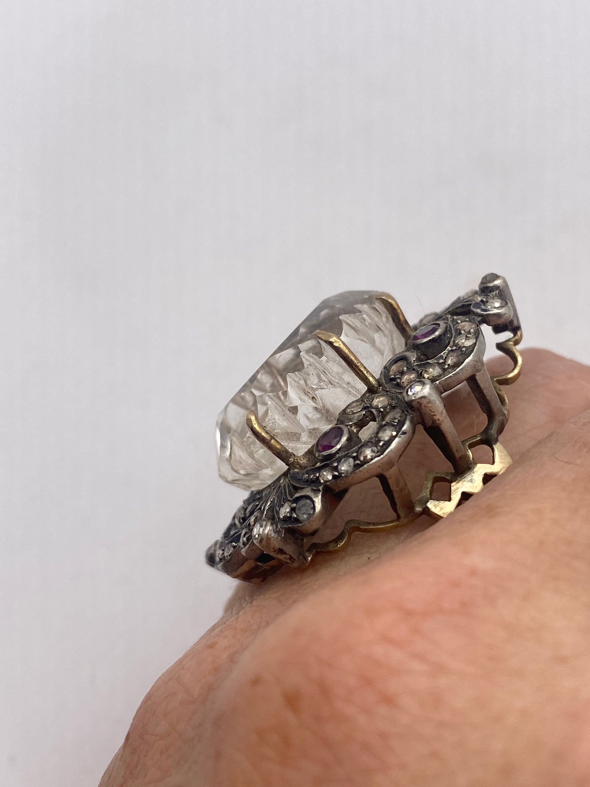 Vintage White Quartz with Diamonds in 925 Sterling Silver and Gold Ring