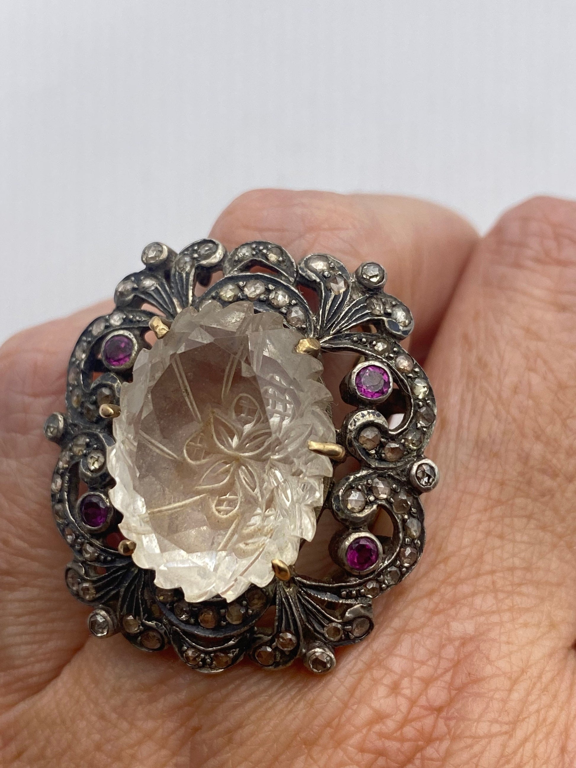 Vintage White Quartz with Diamonds in 925 Sterling Silver and Gold Ring