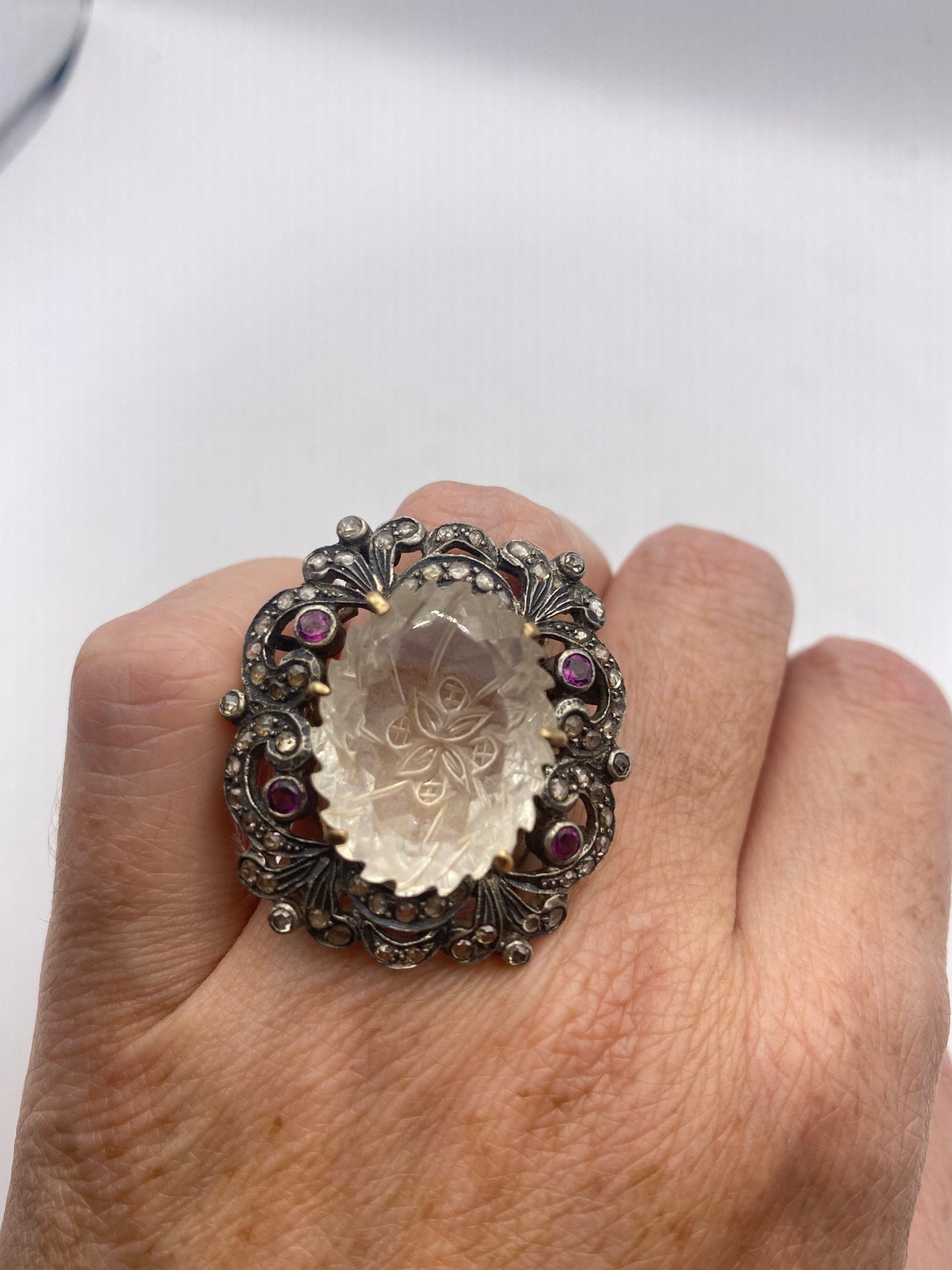 Vintage White Quartz with Diamonds in 925 Sterling Silver and Gold Ring