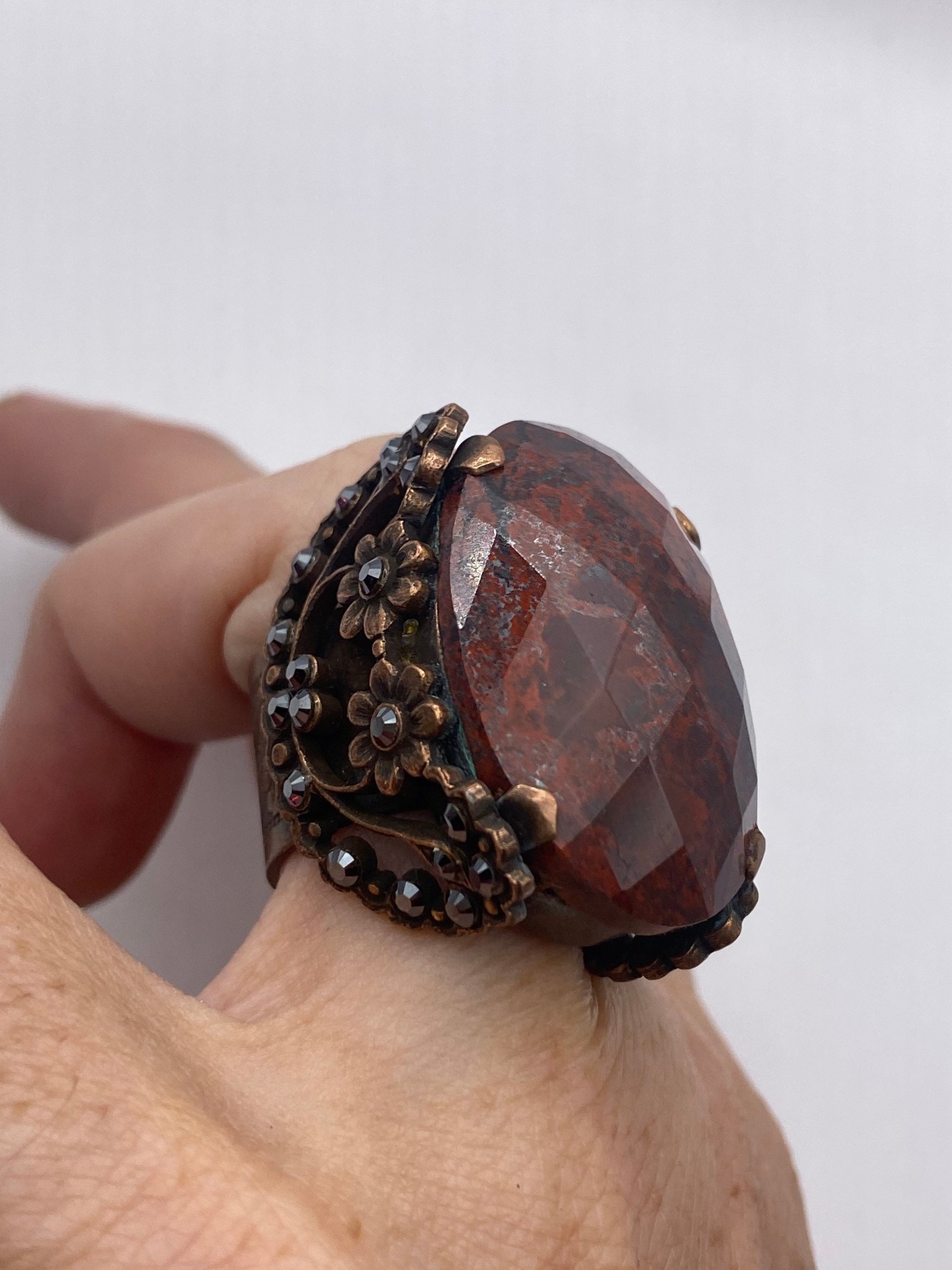 Vintage Red Jasper Agate Stone copper Ring Adjustable
