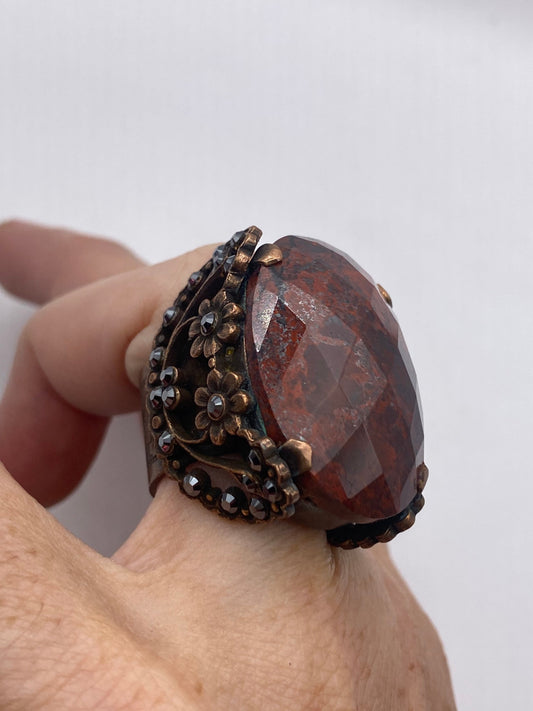 Vintage Red Jasper Agate Stone copper Ring Adjustable