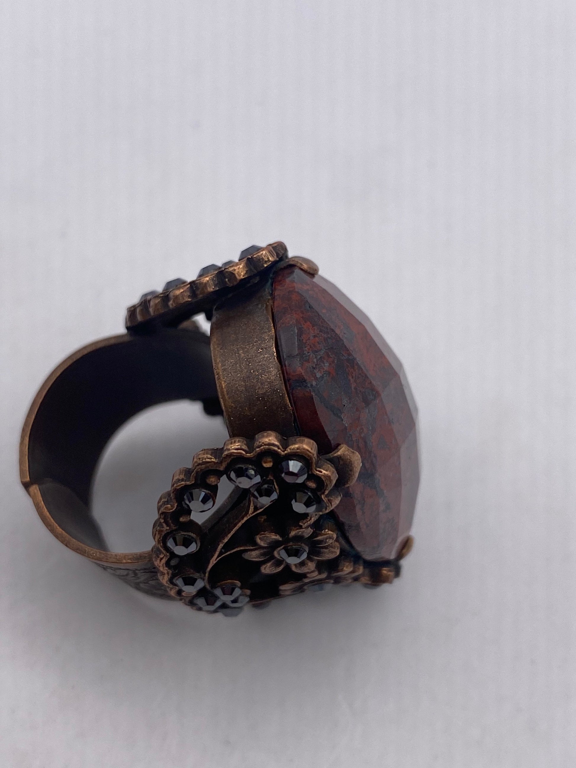 Vintage Red Jasper Agate Stone copper Ring Adjustable