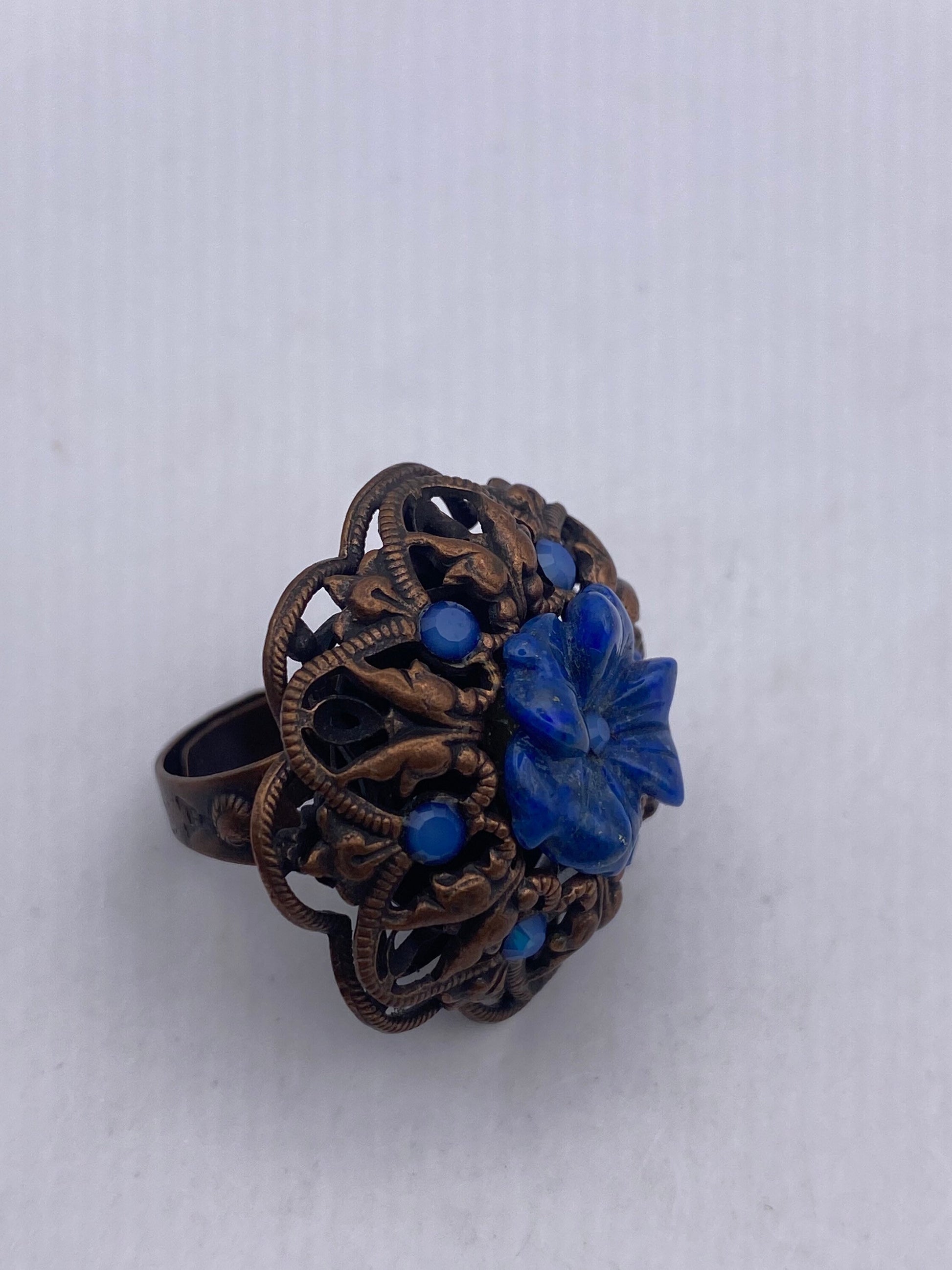 Vintage Lapis Lazuli Flower Stone copper Ring Adjustable