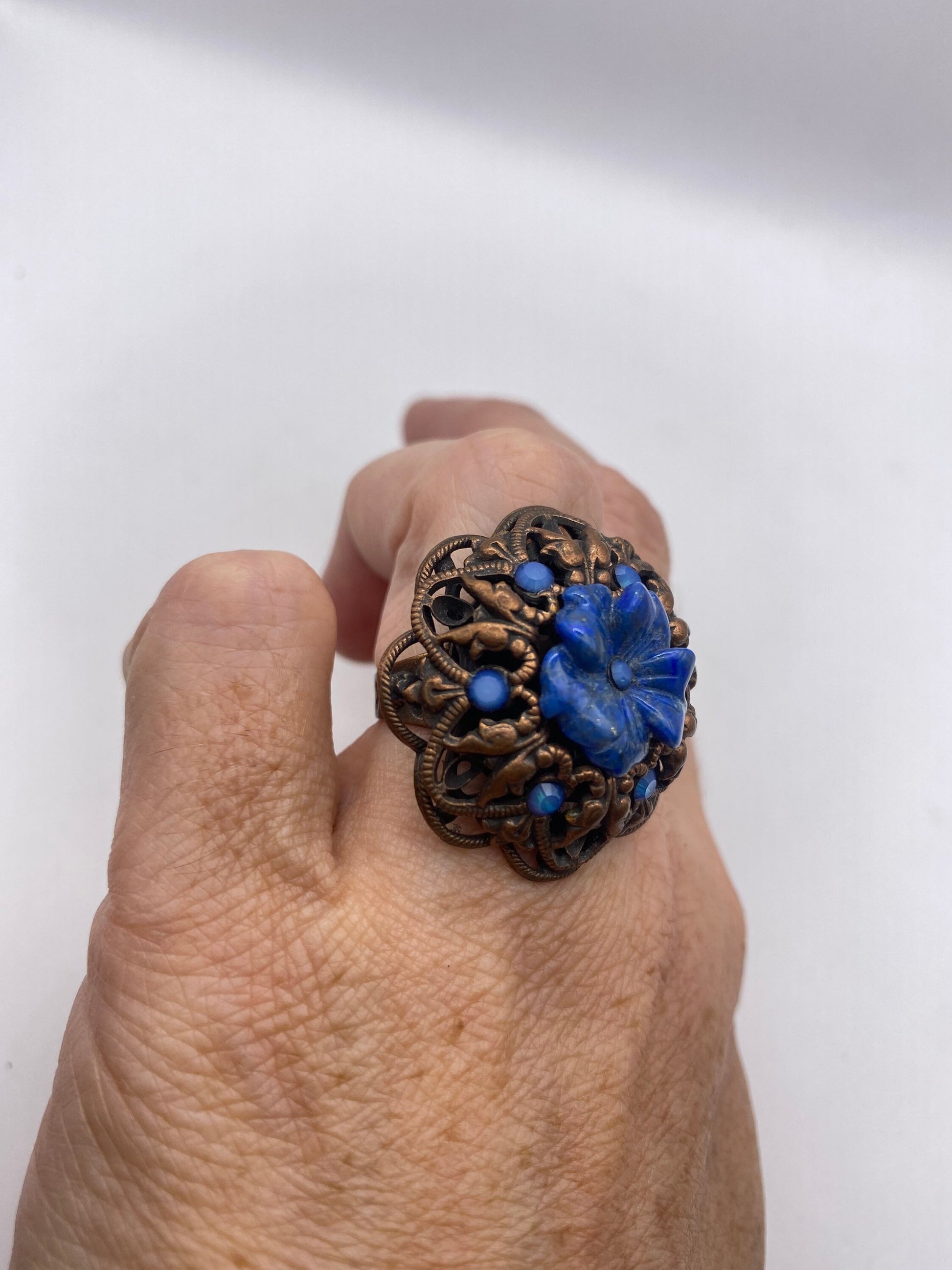 Vintage Lapis Lazuli Flower Stone copper Ring Adjustable